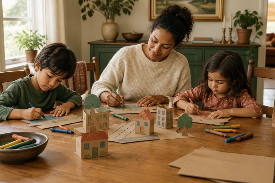 A family enjoying creative screen-free time together at home.
