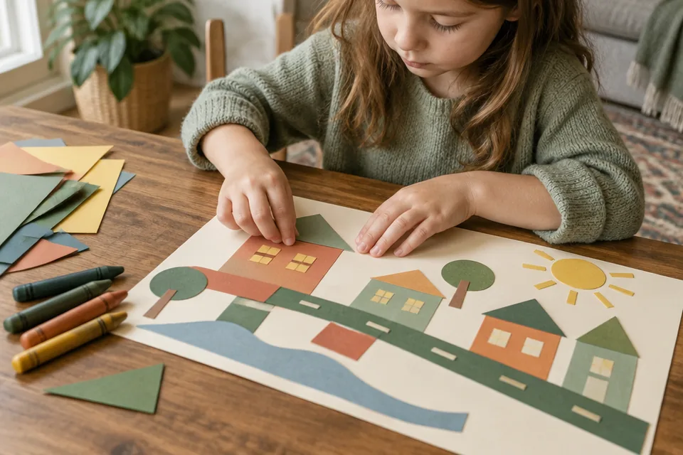 A school-age child's hands arranging large colored paper shapes into an imagined town on cream paper, thick crayons nearby.