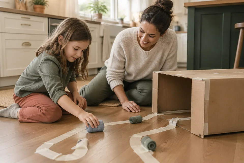 A school-age child and parent on a kitchen floor spontaneously playing with a large cardboard box, masking tape path and soft rolled socks.