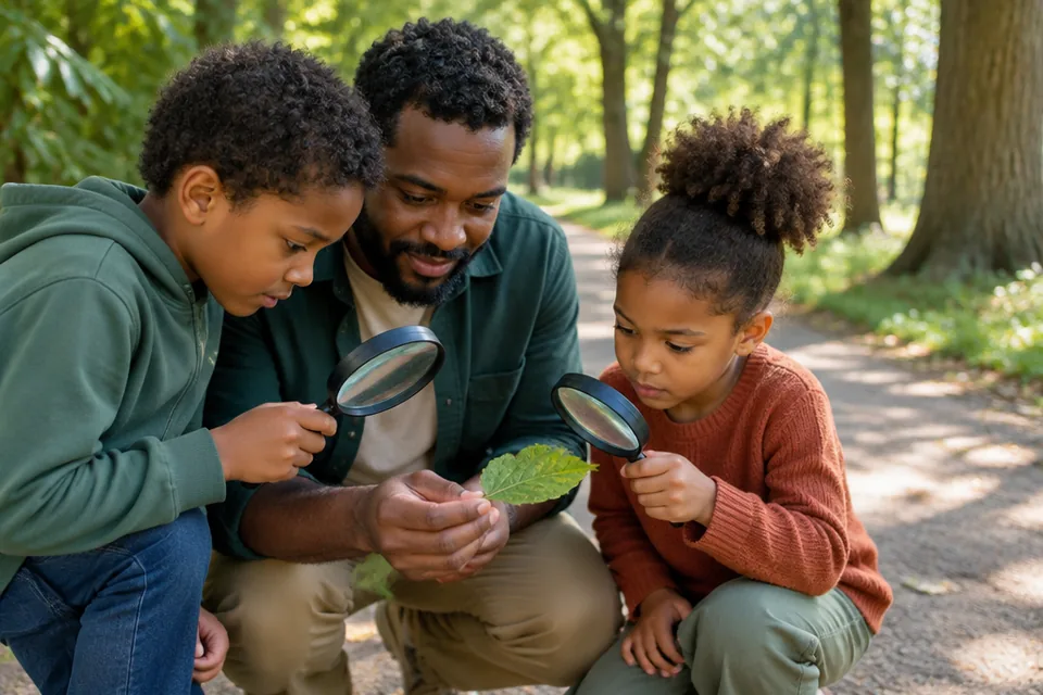 Black father and children aged six and nine exploring leaves with large handheld magnifying glasses on an ordinary tree-lined neighborhood park path in dappled sunshine.