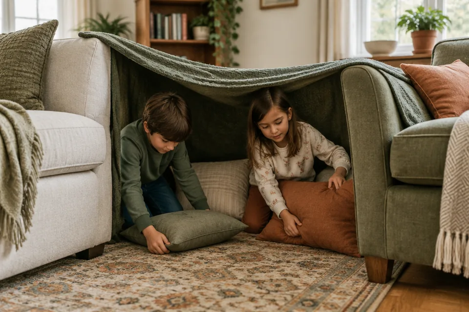 Two school-age children making a low blanket fort between a sofa and sturdy armchair, plenty of floor space.