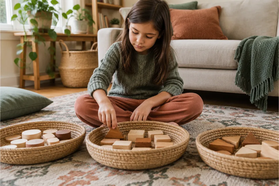 A school-age child sorting large smooth wooden shapes into three broad shallow baskets on a soft living room rug, peaceful natural light.