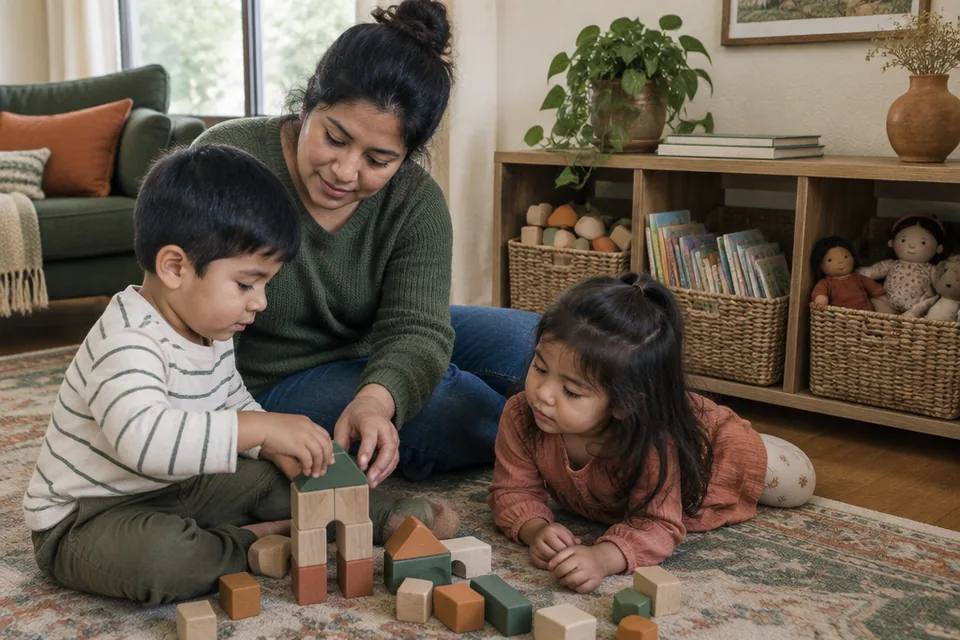 Thoughtful low toy shelf in an ordinary family living room, three reachable open baskets holding large wooden blocks, picture books and soft dolls.