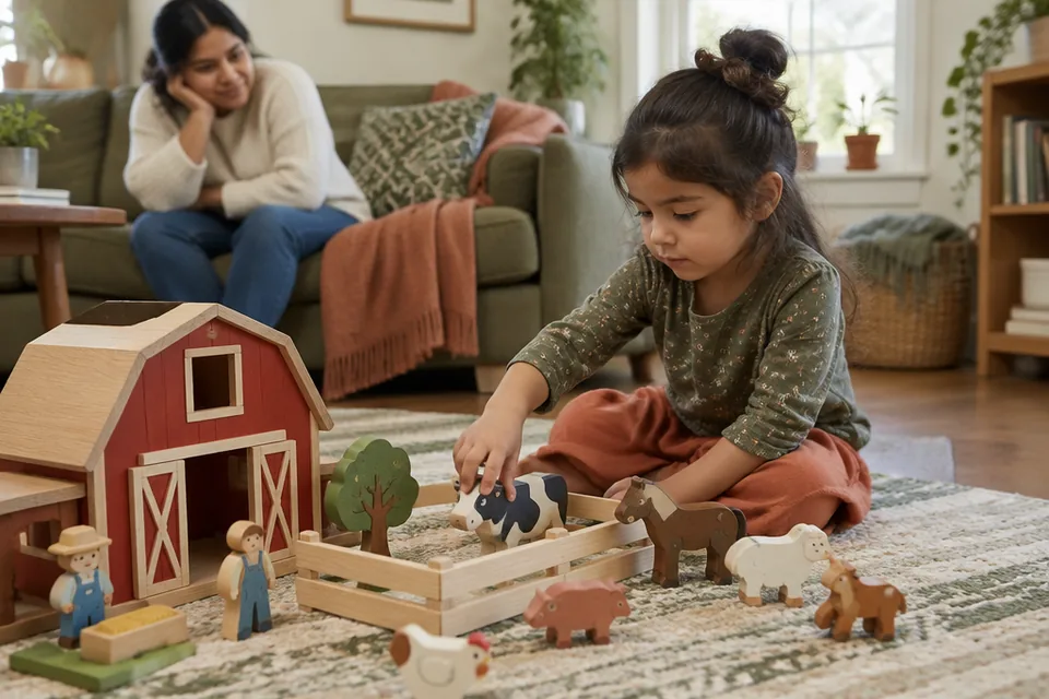 A preschool child playing independently with an oversized wooden farm and large toy animals on a rug, attentive parent visible at a distance.