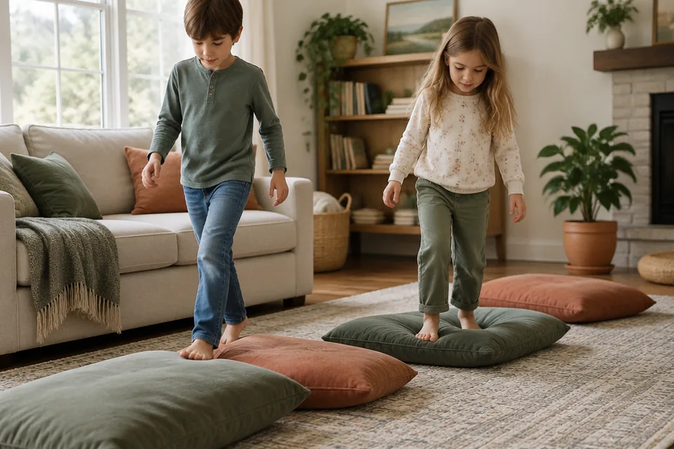 Two school-age children stepping carefully between wide low floor cushions on a nonslip rug.