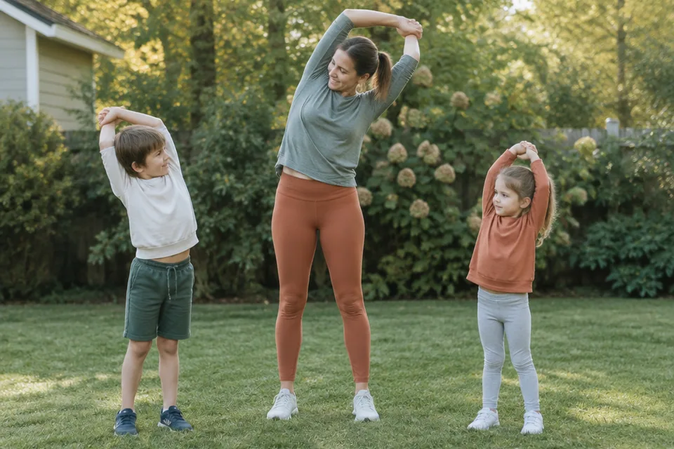 Parent and two children stretching their arms overhead on an uncluttered lawn.