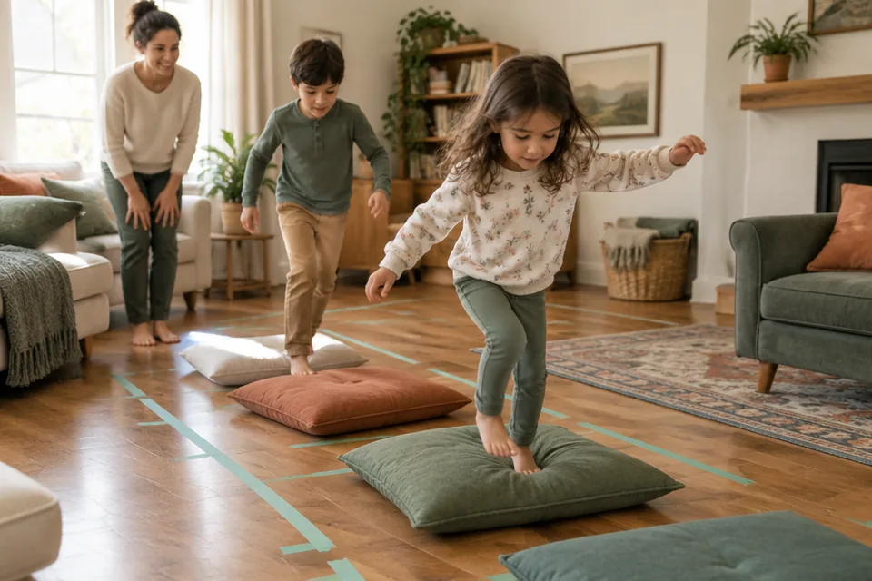 Two energetic children aged five and eight moving through a safe low indoor obstacle course made with cushions and painter tape on a clear living room floor, a parent supervising from nearby.