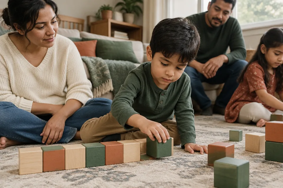 A preschool child arranging large wooden blocks into a simple repeating color pattern on a rug, quiet absorbed focus.