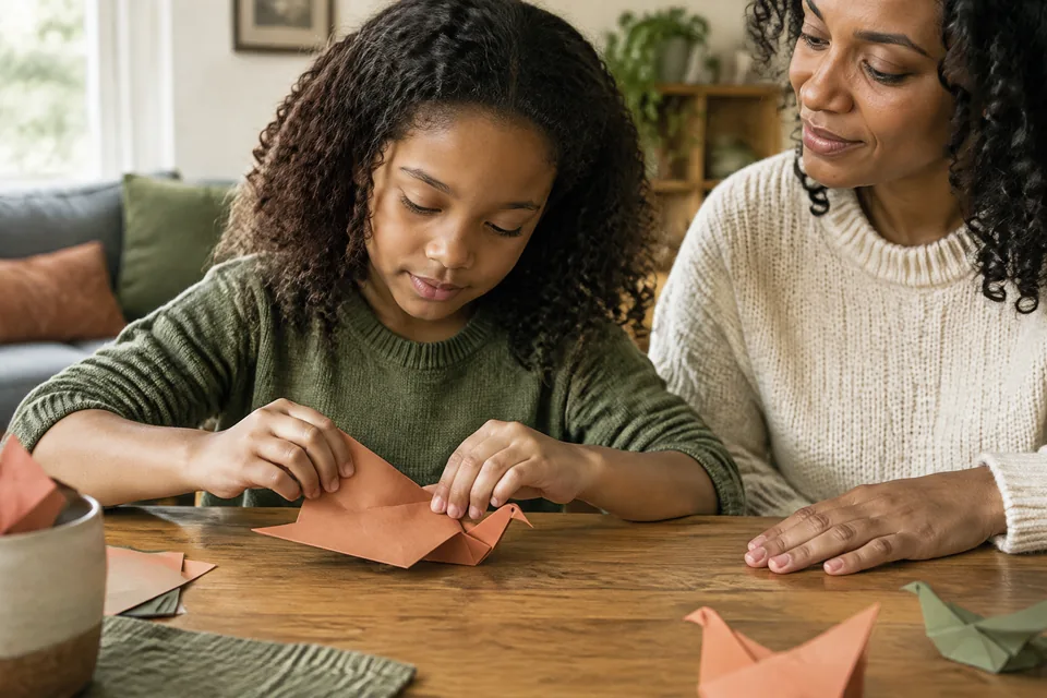 A school-age child carefully folding a large terracotta paper sheet into a simple bird beside a parent, clear realistic hands.