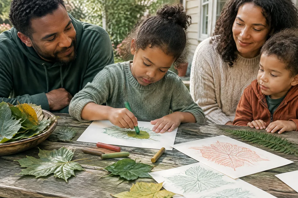A school-age child making large leaf rubbings with broad wax crayons at a picnic table, generous leaves, interesting textures.