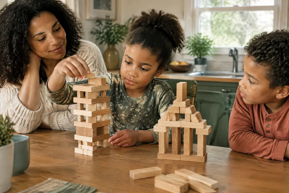 A school-age child trying two different broad wooden block tower designs on a kitchen table, learning through calm hands-on experimentation.
