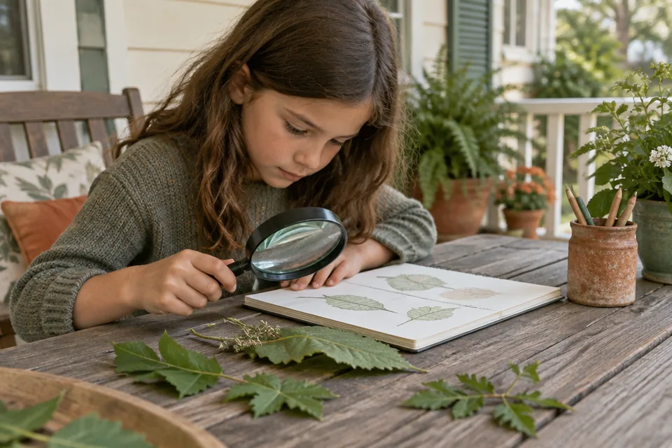 A school-age child observing garden leaves through a large magnifying glass and making pictures in a blank nature notebook on an ordinary porch table.