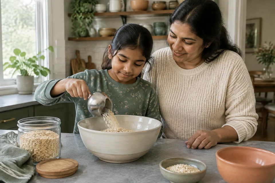 A school-age child measuring dry oats into a large bowl at a cool kitchen counter with a parent beside them.