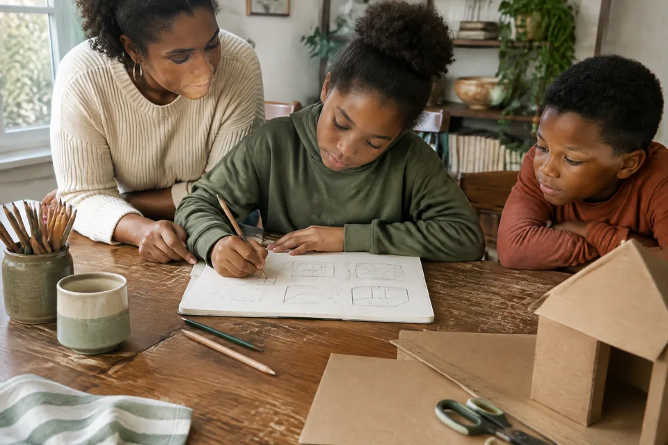 A school-age child sketching several picture-only ideas for a cardboard project in a blank notebook, hands and wide wood worktable in focus.