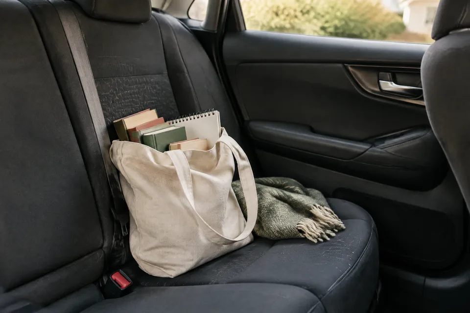 Plain canvas travel bag with books and a sketchpad on an EMPTY back seat of a parked car; no people or safety devices visible.