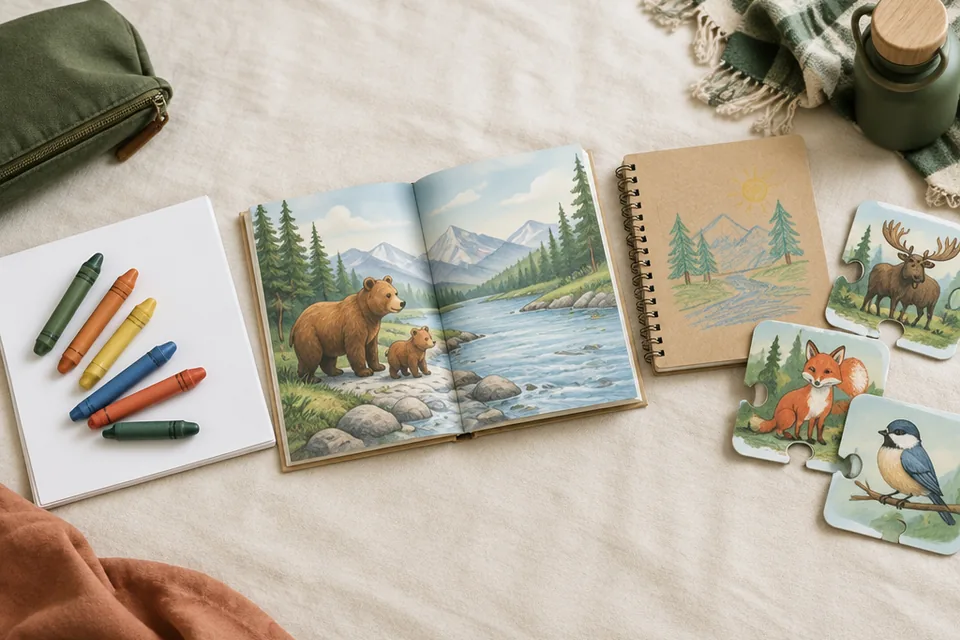 Landscape flat lay of three screen-free road-trip activity bundles for different ages on a cream linen surface: chunky crayons and blank pad, illustrated picture book, drawing notebook and large puzzle cards.