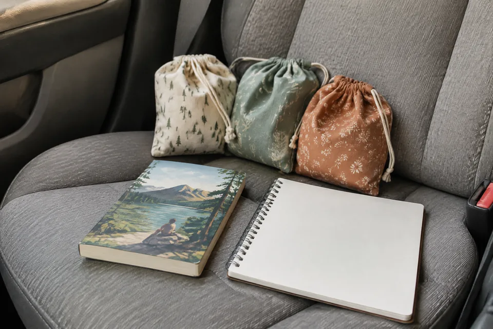 Three cloth activity pouches, a picture book, and a blank notebook on an empty parked car seat.