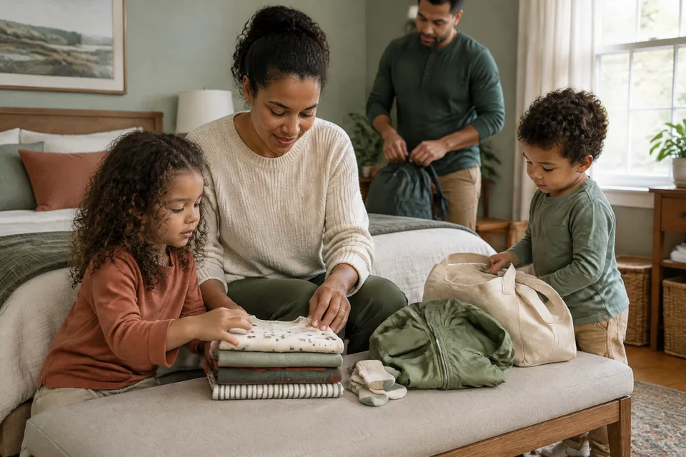 Carefully folded stack of children's cotton clothing, spare socks, light rain jacket and plain cloth bag on a bedroom bench before a family trip.