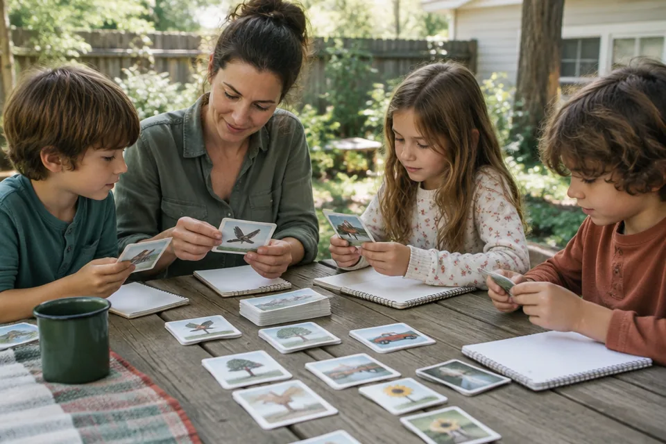 Children aged six to ten and a parent seated around a backyard picnic table inventing a road-trip observation game with picture-only illustrated cards and blank notebooks before travel.
