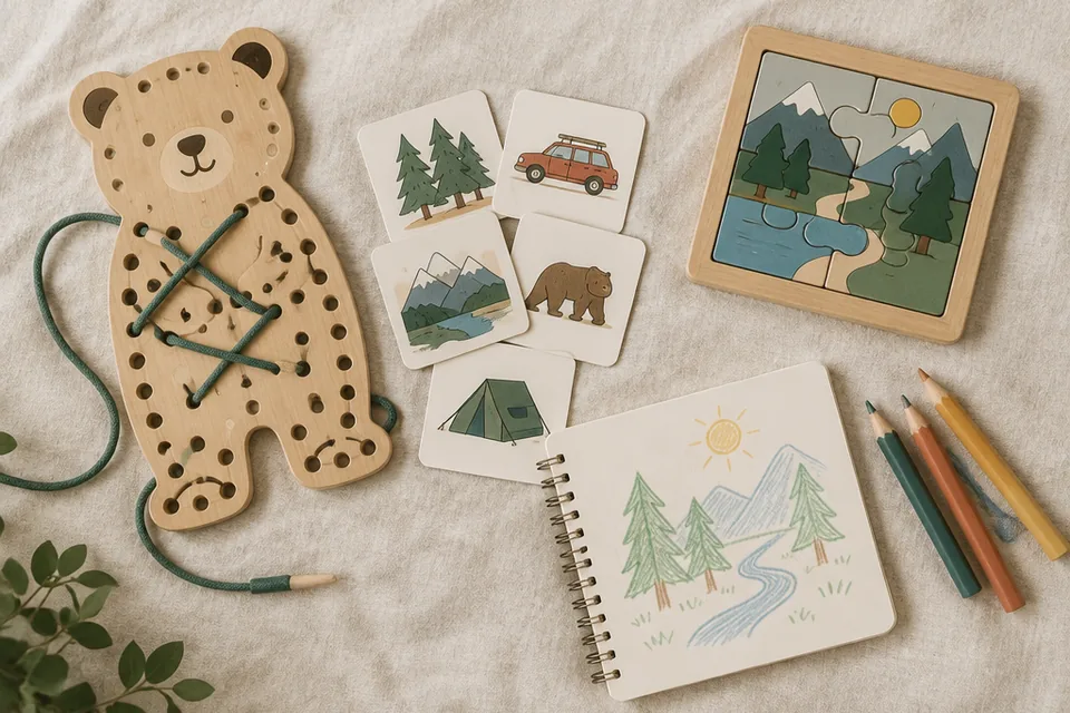 Beautiful overhead flat lay of unbranded road-trip toys grouped by developmental stage: large wooden lacing board, picture matching cards with no text, compact wooden puzzle and sketchbook with thick pencils.