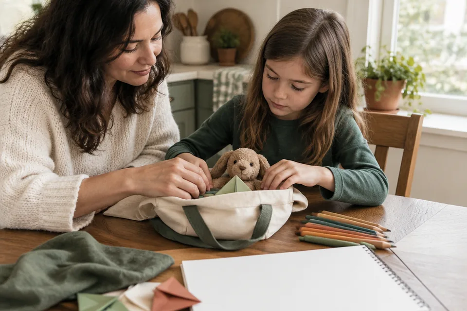 Parent and a school-age child assembling a simple canvas busy bag at a kitchen table with a blank drawing pad, thick colored pencils, folded paper and a small plush animal.