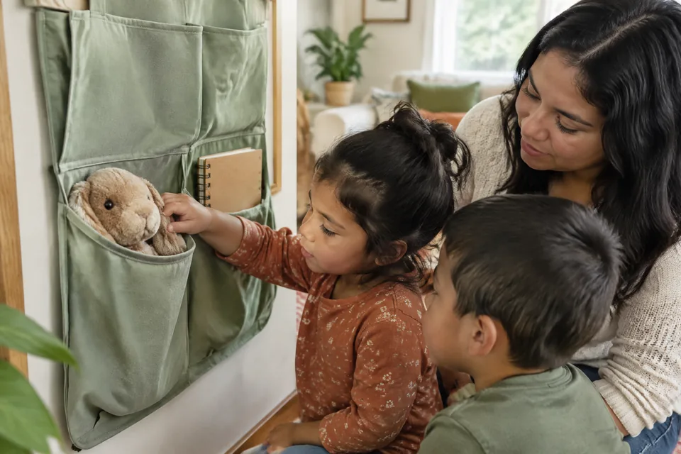 Useful large pockets in a plain sage fabric organizer holding a soft animal and a notebook.