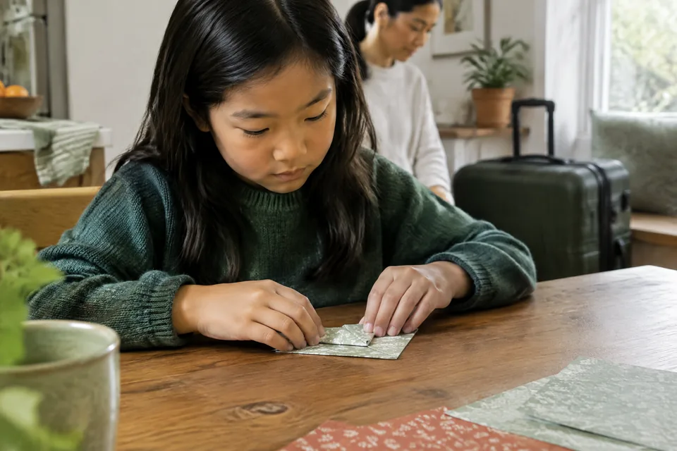A school-age child's hands practicing a quiet folded-paper game at a kitchen table with a carry-on softly out of focus.