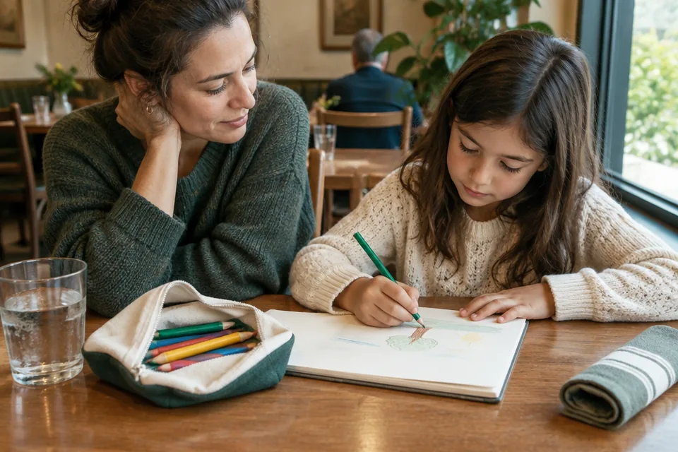 Compact cotton activity pouch open on a neighborhood restaurant table with a blank drawing pad and thick colored pencils, a school-age child quietly drawing while a parent sits nearby, water glass and cloth napkin.