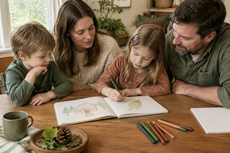 Open unlined travel journal with a child's picture-only drawings of a cabin and trees, leaf, thick pencils and blank paper on a wood table.