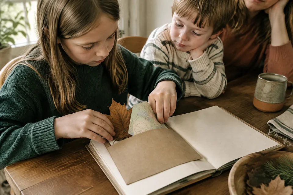 School-age hands tucking a large dried leaf and folded abstract map with no labels into a plain paper travel journal pocket.