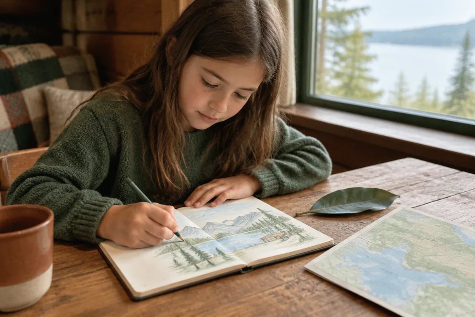 A school-age child drawing a travel memory in an unlined notebook at a cabin table by a window, a smooth large leaf and simple paper map with no labels beside the journal.