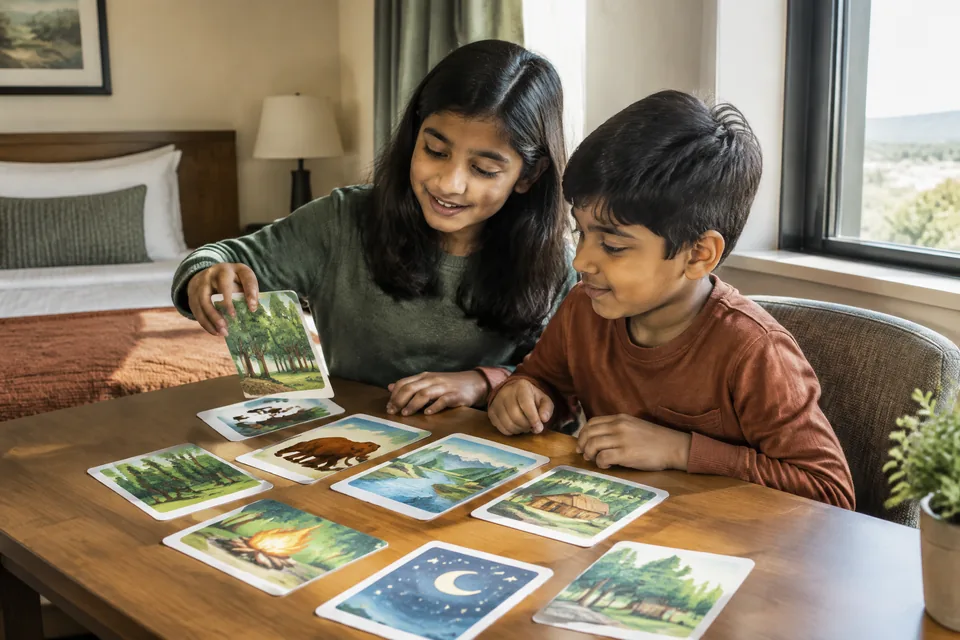 Two school-age siblings making a playful story with large picture-only cards at a small hotel room desk.