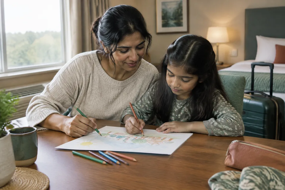 Parent and a school-age child drawing a picture of their day at an ordinary hotel room table with a carry-on nearby.
