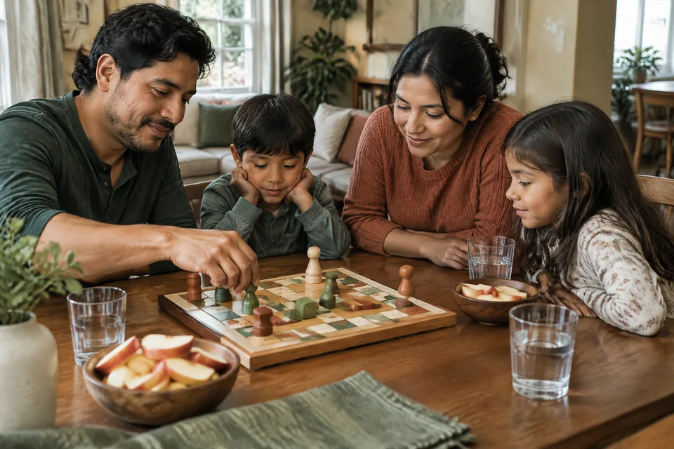 Inviting family game-night table with a generic board without text, large wooden pieces, bowls of apple slices and water glasses.