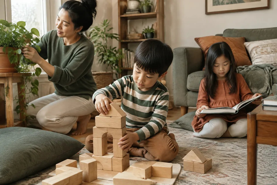 Calm Sunday afternoon at home: child building with large blocks, another reading, parent tending a houseplant nearby, lived-in ordinary room.