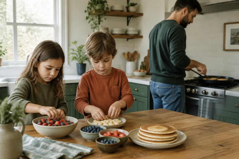 Father and two children aged five and eight preparing a regular Sunday pancake breakfast together, parent handles cooking away from children, kids arrange fruit at a safe cool table.