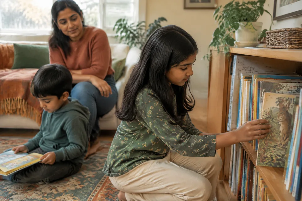 School-age child choosing a picture-only book from a low shelf after school, a simple transition from a busy day to calm home time.