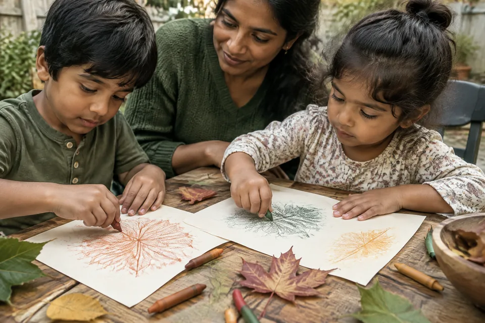 Children's hands making rich autumn leaf rubbings with chunky crayons on cream paper at a backyard table.
