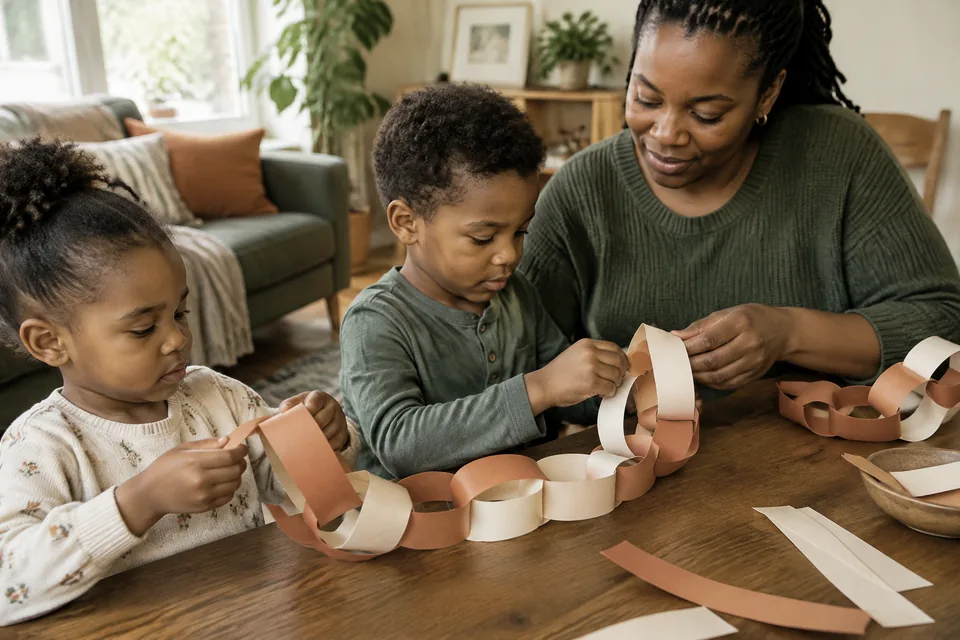 Child's hands cutting nothing, simply joining broad strips of terracotta and cream paper into a large paper chain with an adult helping.