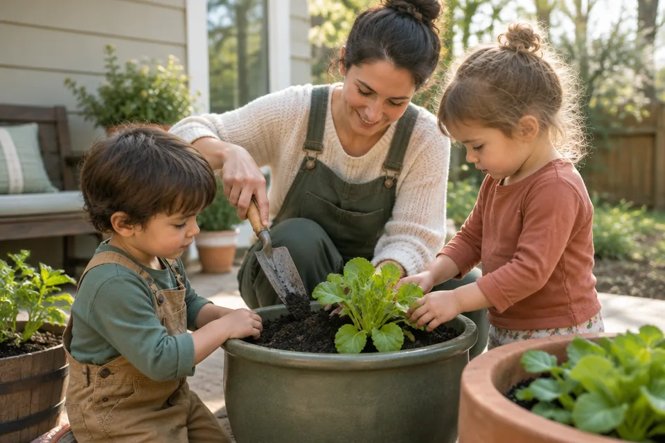 Parent and two children planting leafy seedlings into large garden pots on a backyard patio, large hand trowel held by adult, spring sunlight.