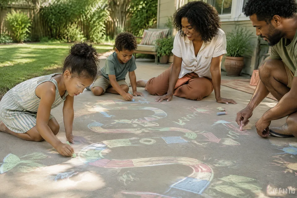School-age children drawing a large colorful chalk obstacle path on a flat backyard patio in summer, shaded grass nearby.
