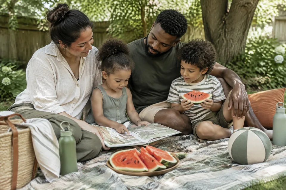Inviting shady backyard picnic blanket with watermelon wedges, water bottles, picture-only books and a soft ball.
